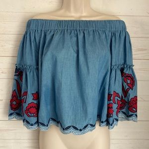 Available by Angela Fashions Sz Small Off the Shoulder Blue Chambray Crop Top